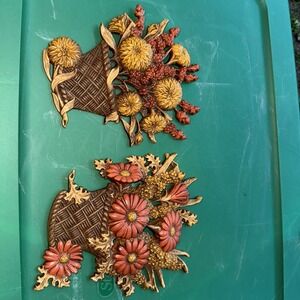 Burwood Products Floral Orange Yellow Brown Flower Pots Wall Decor (Set of 2)